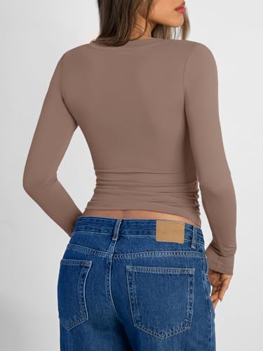 Trendy Queen Long Sleeve Shirts for Women 2026 Fall Fashion V Neck Basics Crop Tops Slim Fitted Y2K Tops Outfits Clothes