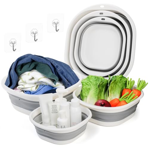 Goaste 3 Pack Collapsible Wash Basin, Portable Washing Basin, Foldable Dish Tub Square, Space Saving Plastic Washtub for D...