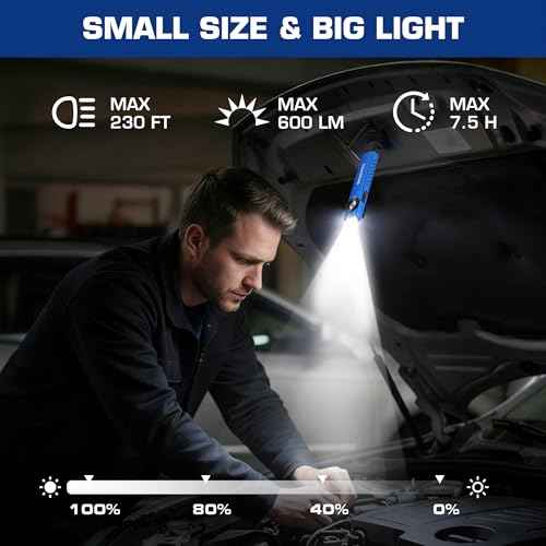 WORKPRO Rechargeable Work Light, 600 Lumens Flat Pocket Flashlight with UV Light, Magnetic Base & Clip, Slim LED EDC Flashlight for Garage, Camping, Home, and Emergencies