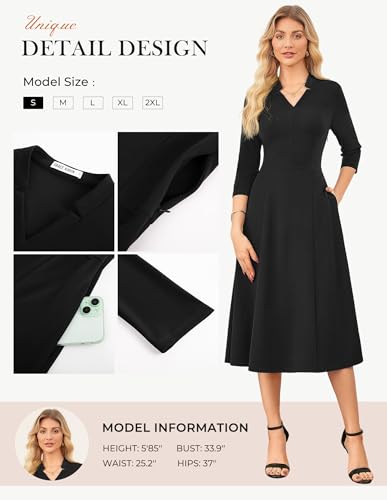 GRACE KARIN Work Dresses for Women 2025,Midi Business Dress,3/4 Sleeve Classy Fit and Flare Dress with Pocket