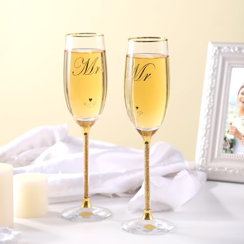 DUJUST Crystal Glass Wedding Champagne Flutes, Mr & Mrs Champagne Glasses with Handcrafted Gold Rim & 24K Gold Leaf Flake...