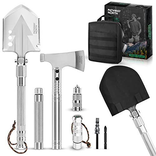 PATHWAY NORTH Survival Shovel and Camping Axe – Stainless Steel Tactical Survival Multi-Tool and Survival Hatchet Equipmen...