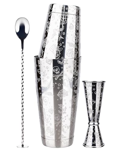 MeowvCraft Boston Cocktail Shaker Set, Bartender Kit 3-Piece with Jigger, Mixing Spoon, Etched Mermaid Design Stainless St...