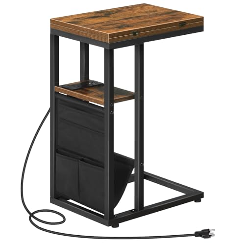 HOOBRO Foldable End Table with Charging Station, C Shaped Side Table with Storage Bag, Slide Under Sofa Couch Table for Sm...