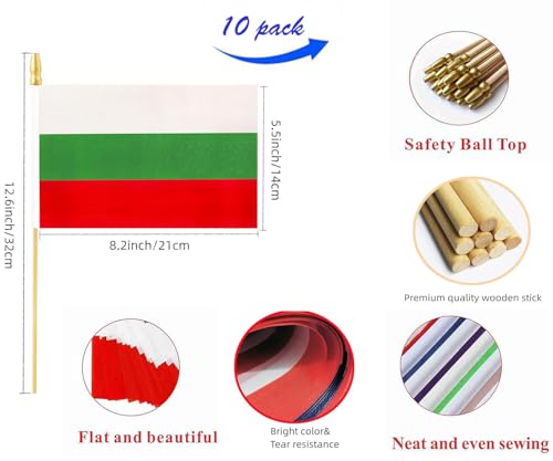 10 Pack Bulgaria Flags - BG Handheld Flag- 5x8 in,Bulgarians Mini Flag. Suitable For Party Decorations, Store Displays, Ba...