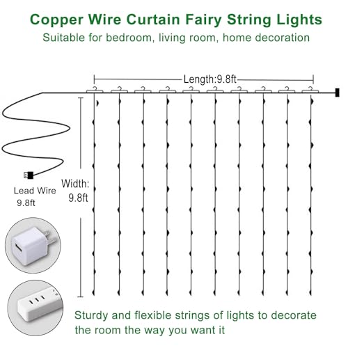 300 LED Curtain String Lights, Fairy Lights with 8 Light Modes, 9.8x9.8Ft Remote USB Plug Fairy String Lights for Christma...