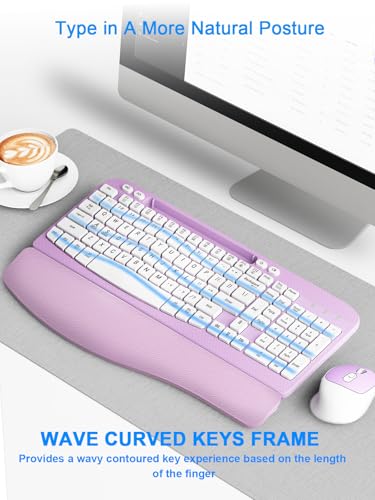 Wireless Keyboard and Mouse Combo, Wave Keys Computer Ergonomic Keyboard with Cushioned Plam Rest, Phone Holder, 2.4GHz Si...