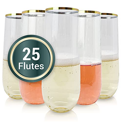 Reli. Champagne Flutes Plastic | 25 Pack | 9 oz - Gold Rim Clear | Stemless Premium Plastic Champagne Flutes | Party-Perfe...