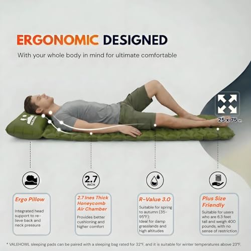 VALEHOWL 1.8 Pounds Ultralight Inflatable Camping Sleeping Pad, Portable Outdoor Air Mattress, Compact Backpacking Sleepin...