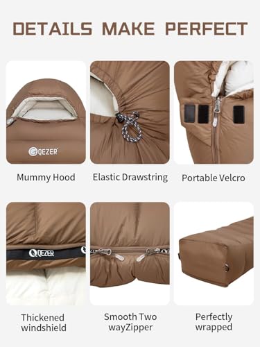 QEZER 0 Degree Sleeping Bag for Adults 650 Fill Power Down Sleeping Bag for Cold Weather -20F / -8F / 0F / 10F Large Light...