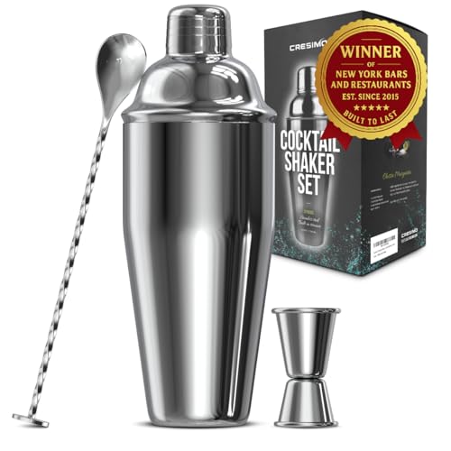 Cresimo 24oz Cocktail Shaker Set with Bar Accessories for Home Bar - Martini Shaker with Jigger and Drink Mixer Spoon - Al...