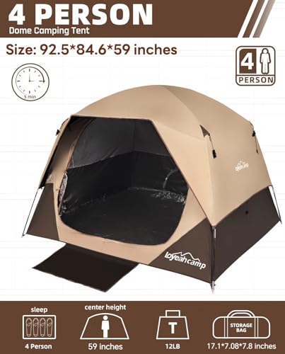 LOYEAHCAMP 4 Person Blackout Camping Tent, Easy Setup Waterproof Family Dome Tent for Camping with Rainfly, Portable Doubl...