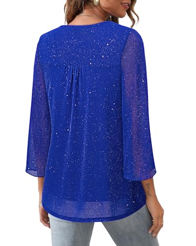 Bebonnie Womens Ruffle 3/4 Sleeve V Neck Double Layers Mesh Blouses Loose Fit Flowy Tunic Tops