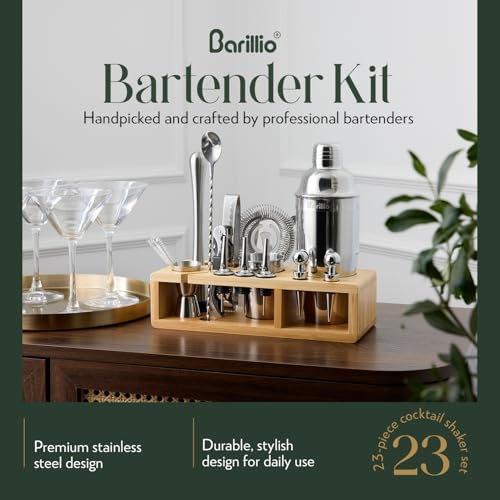 Barillio Bartender Kit - Stainless-Steel Cocktail Shaker Set w/Bamboo Stand - Mixology Bar Tools w/Drink Shaker, Mixer Spo...
