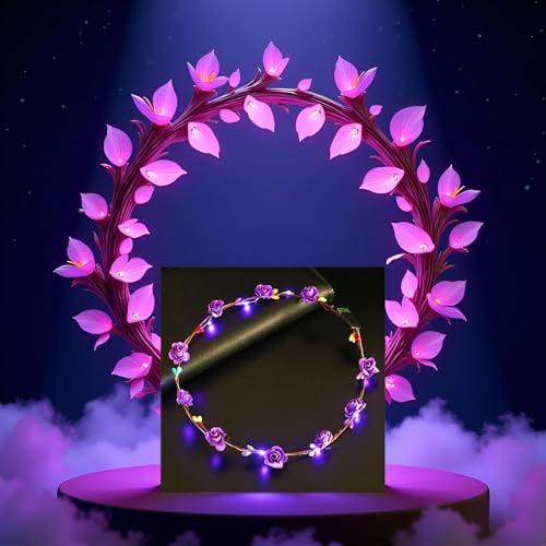 GANPUB LED Flower Headband, Light Up Flower Crown Garland Headband Flower Headdress Floral for Girls Hair Accessories Birt...