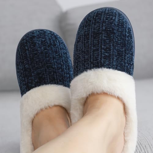 shoeslocker Women's Memory Foam Fuzzy Slippers Knit house shoe for Women Comfy Wool-Like Lined Slippers Indoor Outdoor