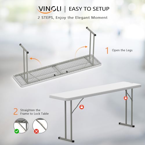 VINGLI 6 FT Narrow Folding Table,Premium Quality HDPE Material and Sturdy Metal Frame, Perfect for Buffet, Seminar, Party,...