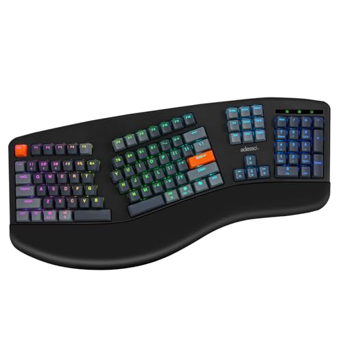 ADESSO EasyTouch 1500 Ergonomic Mechanical Keyboard with Cherry Red Switches Wired Wireless Bluetooth RGB Illuminated Mult...