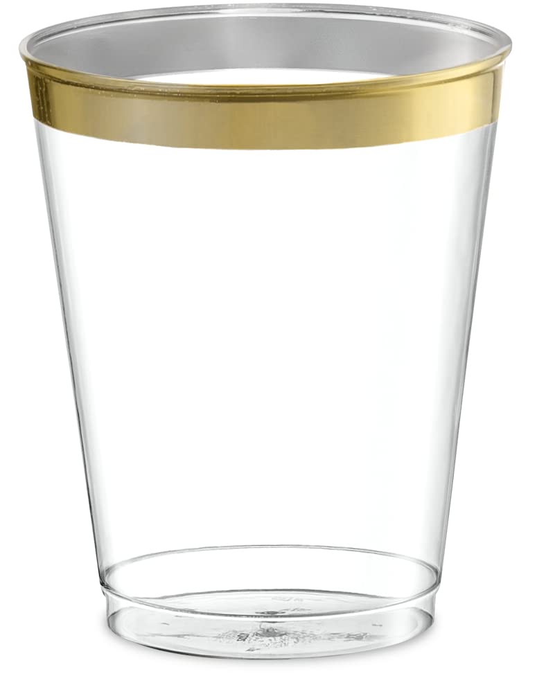 PLASTICPRO Disposable 8 oz Crystal Clear Plastic Tumblers With Gold Rim for Party's & Weddings pack of 50