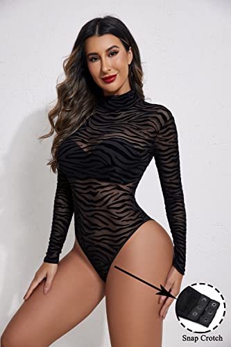 Avidlove Long Sleeve Bodysuit for Women Turtleneck Sheer Mesh Bodysuit Geo Print Leotards