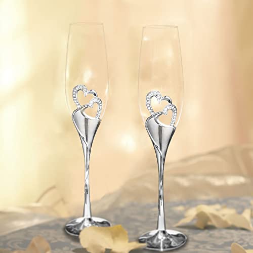 Sziqiqi Wedding Champagne Glass Set Silver Toasting Flute Glasses Pack of 2 with Rhinestone Rimmed Hearts Decoration for W...