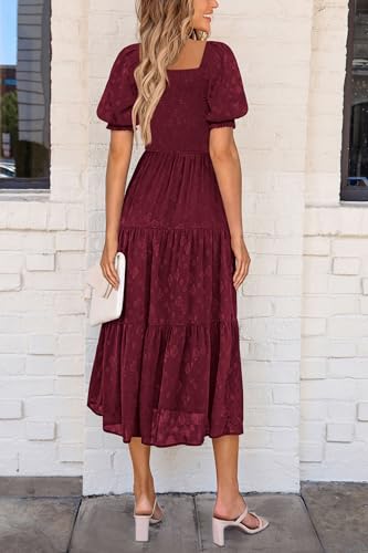 PRETTYGARDEN Women's 2026 Summer Casual Midi Dresses Square Neck Short Sleeve Smocked A Line Floral Flowy Elegant Boho Dress