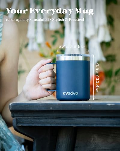 avodvo 12oz Insulated Coffee Mug with Lid – Includes Two Lids, Stainless Steel Coffee Travel Mug with Handle, Double Wall ...