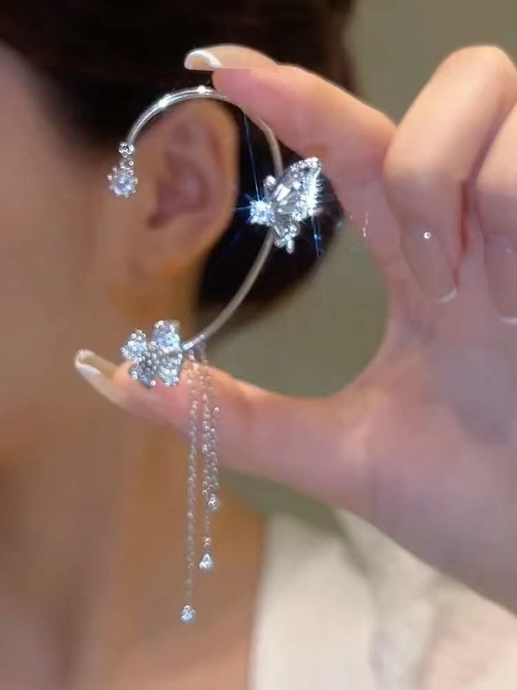2Pcs Zircon Butterfly Ear Cuff Earrings for Women No Piercing Clip Wrap Around Fake Earrings Ear Crawler Rhinestone Wrap (Silver 1)