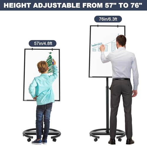 Mobile Whiteboard, 36” x 24” Magnetic Portable White Board on Wheels, Height Adjustable Standing Dry Erase Board with Stan...