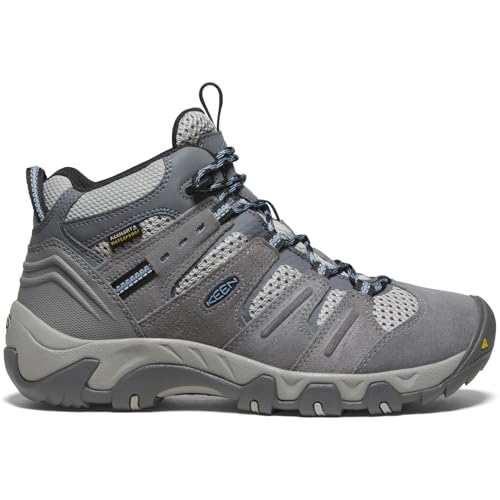 KEEN Women's Headout Mid Height Waterproof All Terrain Hiking Boots, Steel Grey/Blue Heaven, 7 US