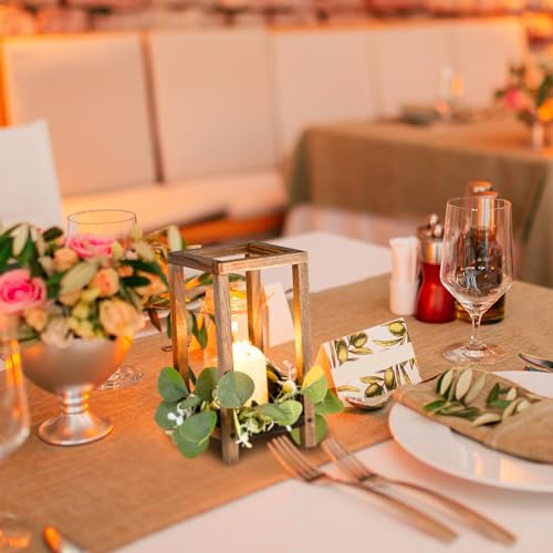 Geelin 12 Set 10.59'' Brown Wooden Lanterns for Centerpieces Include 12 Wooden Lantern 12 LED Candle 12 Eucalyptus Leaves ...