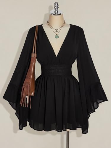 BEAUDRM Women's Plus Size Boho Western Dress Bell Sleeve Cowgirl Hippie Mini Dress Mesh A Line Casual Flowy Dresses