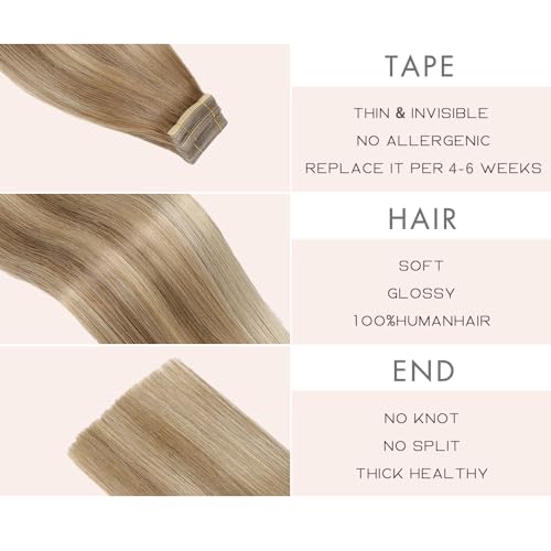 Tape in Hair Extensions Human Hair 24 Inch Balayage Medium Brown Mixed Dark Blonde Double Sided Tape for Skin Weft Hair Extension Invisible Tape in Hair Extensions Straight 20pcs (10/10/22#,24 Inch)