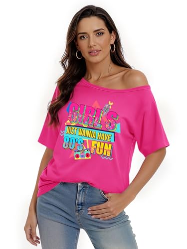 OCURHU 80s Shirts for Women Oversized Retro Off The Shoulder Top Disco 80s 90s Theme Party Outfit