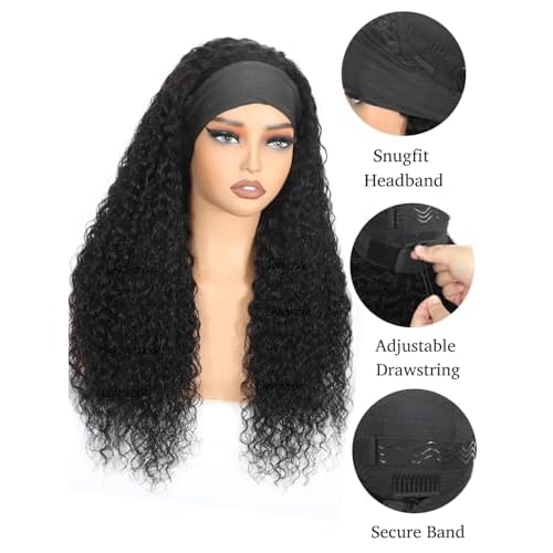 Water Wave Headband Wig Human Hair 220 Density Upgrade Curly Drawstring Headband Wigs Human Hair Wear and Go Glueless Wigs for Black Women 22inch None Lace Front Wigs Natural Color