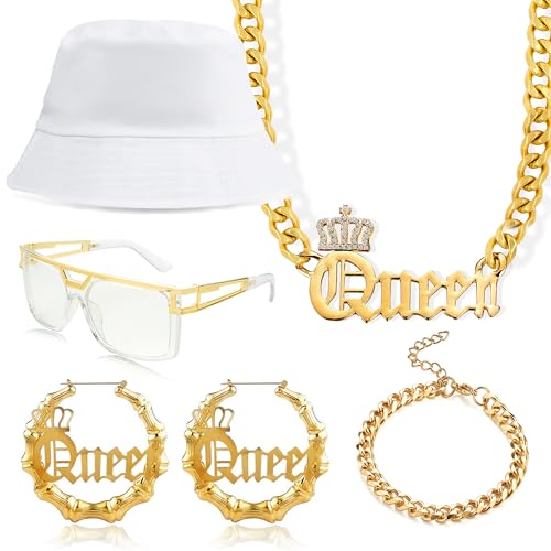 MEDOJO 80 90s Hip Hop Queen Costume Kit Hat Accessories Set for Women Rapper DJ
