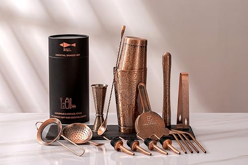 Sky Fish 3D Etched 18-Piece Bartender Kit Stainless Steel Boston Cocktail Shaker Set Copper Plated Bartending Tools Suit f...