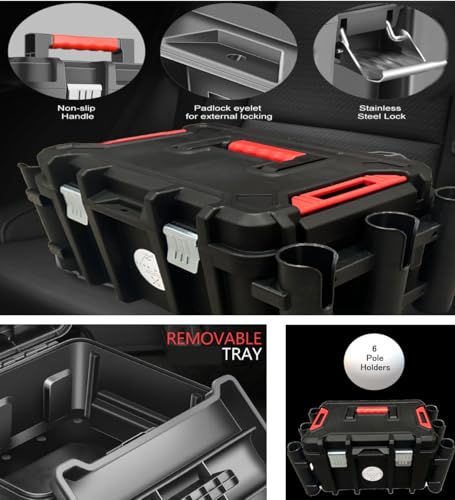 Kayak Fishing Crate - 6 Integrated Rod Pole Holders, Tackle Box Accessory Storage Area and Tray with Lockable Lid - No Ass...