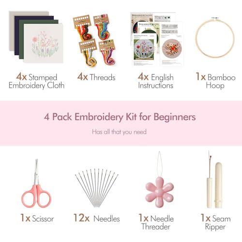 4 Pack Embroidery kit for Beginners Adults DIY Starter Kit, Cross Stitch Kits with Flower Stamped Patterns, Embroidery Hoo...