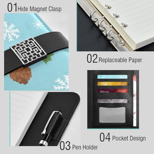 DIGTIA Christmas Gift Boxes Pattern PU Leather Notebook A5 Binder 6 Ring Refillable Journal with Magnetic Buckle Closure Loose Leaf Travel Office Planner Budget Binder Notepad Portfolio,