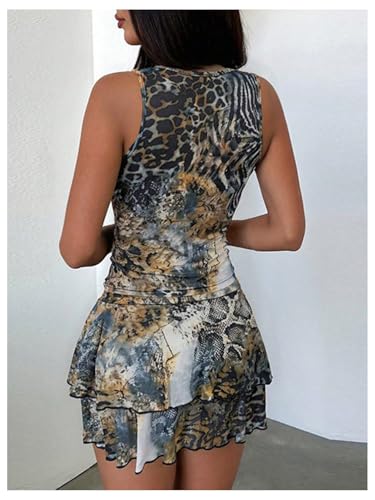SHENHE Women's 2 Piece Animal Print Deep V Neck Tank Tops Layered Ruffle Mini Skirt Sets Rave Outfits