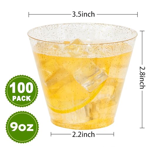I00000 100pcs Gold Plastic Cups - 9 OZ Hard Gold Glitter Disposable Cups for Cocktail And Drinking - Premium Disposable Pl...