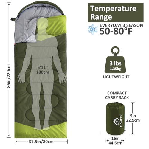 oaskys Camping Sleeping Bag - 3 Season Warm & Cool Weather - Summer Spring Fall Lightweight Waterproof for Adults Kids - C...