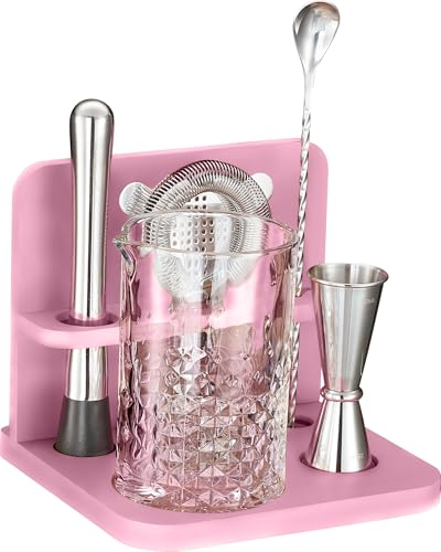 Mixeries Crystal Cocktail Mixing Glass Set with Bamboo Stand - 22 Oz 650ml - Thick and Sturdy Bottom, Durable and Seamless...