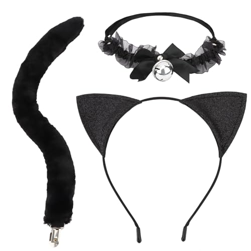 GAFATORY Black Cat Costume with Tail And Bell Collar Set Cat Ears for Women Cat Ears Costume for Halloween Cosplay Party