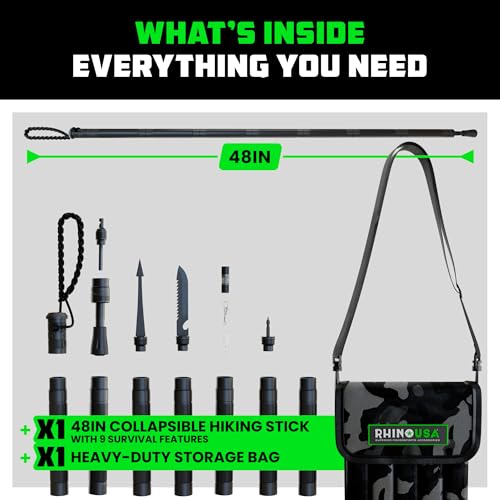Rhino USA Tactical Hiking Stick with Integrated Survival Kit – Essential Camping Gear for Hiking & Trekking – Durable Tact...