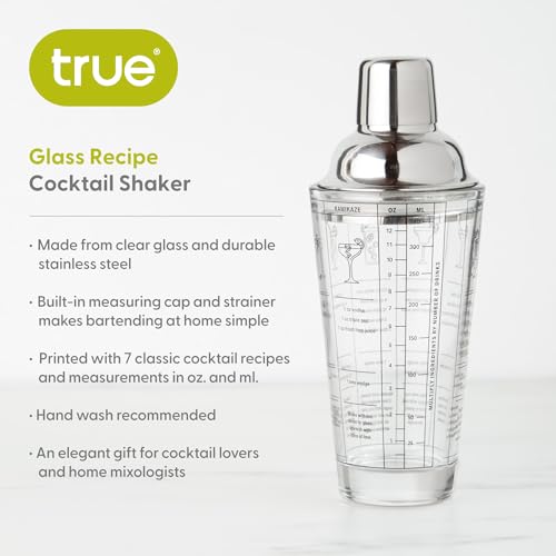 True Glass Cocktail Shaker with 7 Classic Recipes and Measurements for Cold Brew Cocktails, Home Bar Accessories, Bar Tool...