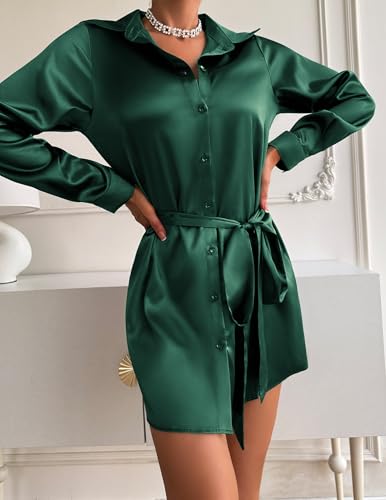 Zeagoo Women's Stain Long Sleeve Dress Button Down Shirts Tunic Dresses Casual V-Neck Mini Dress with Belt