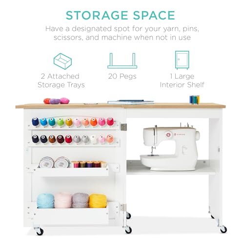 Best Choice Products Folding Sewing Table Multipurpose Craft Station & Side Desk with Compact Design, Wheels, Shelves, Sto...