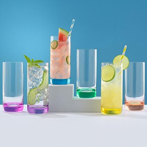 JoyJolt Hue Highball Glasses Set of 6 Tall Drinking Glasses, 13oz Bourbon Whiskey Glass Cups Set, Mojito Glass Tumbler als...